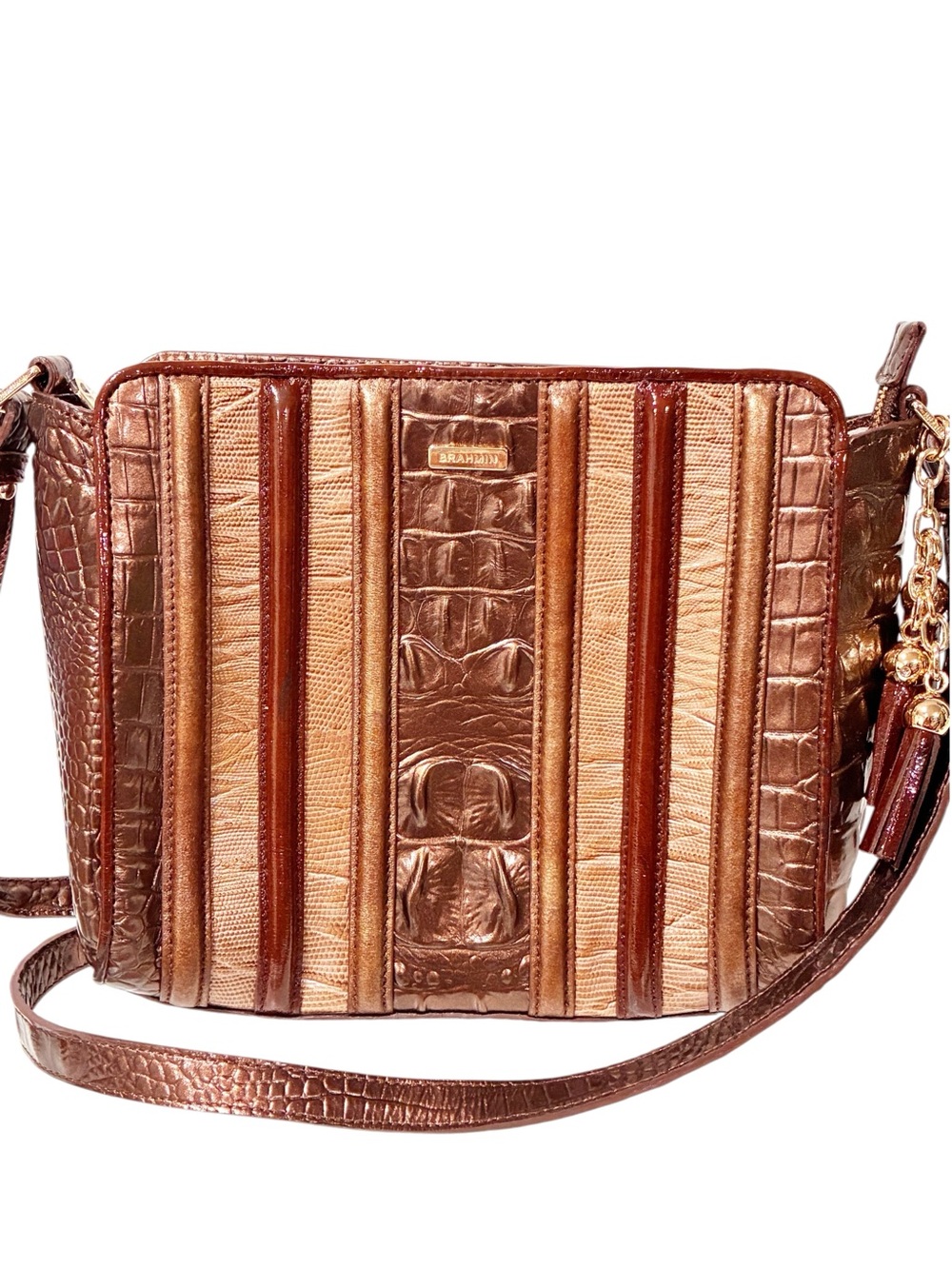 Brahmin Brown Cream Leather Croc Embossed Crossbody Bag
